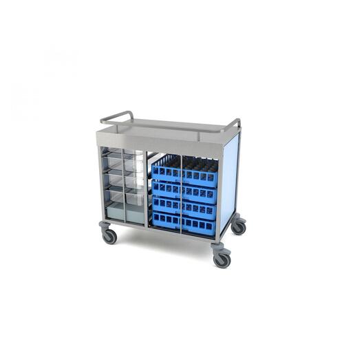 Carro para distribución de desayuno, en acero inoxidable con paneles decorativos