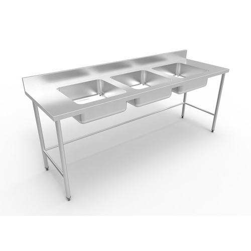 Fregadero en acero inoxidable de 3 tanques 2200x700x900 mm con respaldo posterior