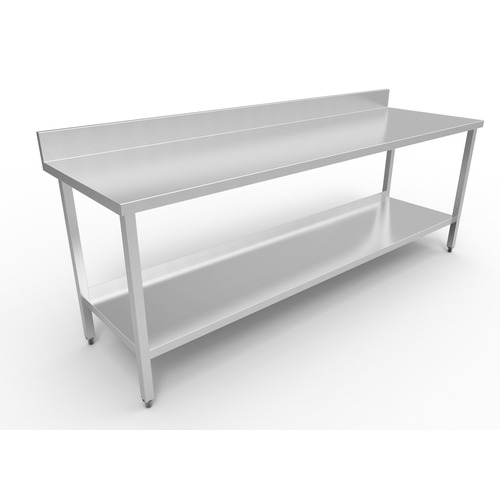 Mesa de trabajo en acero inoxidable 2320x700x900 mm con entrepaño y respaldo posterior
