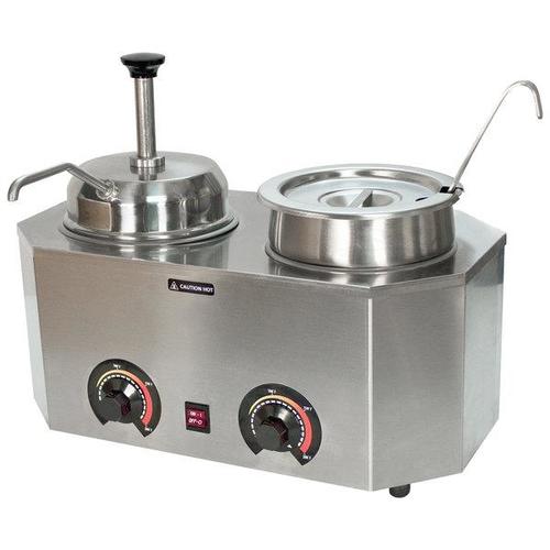 Dispensador/calentador dual de 3 qt. con tapa, cucharón y tubo